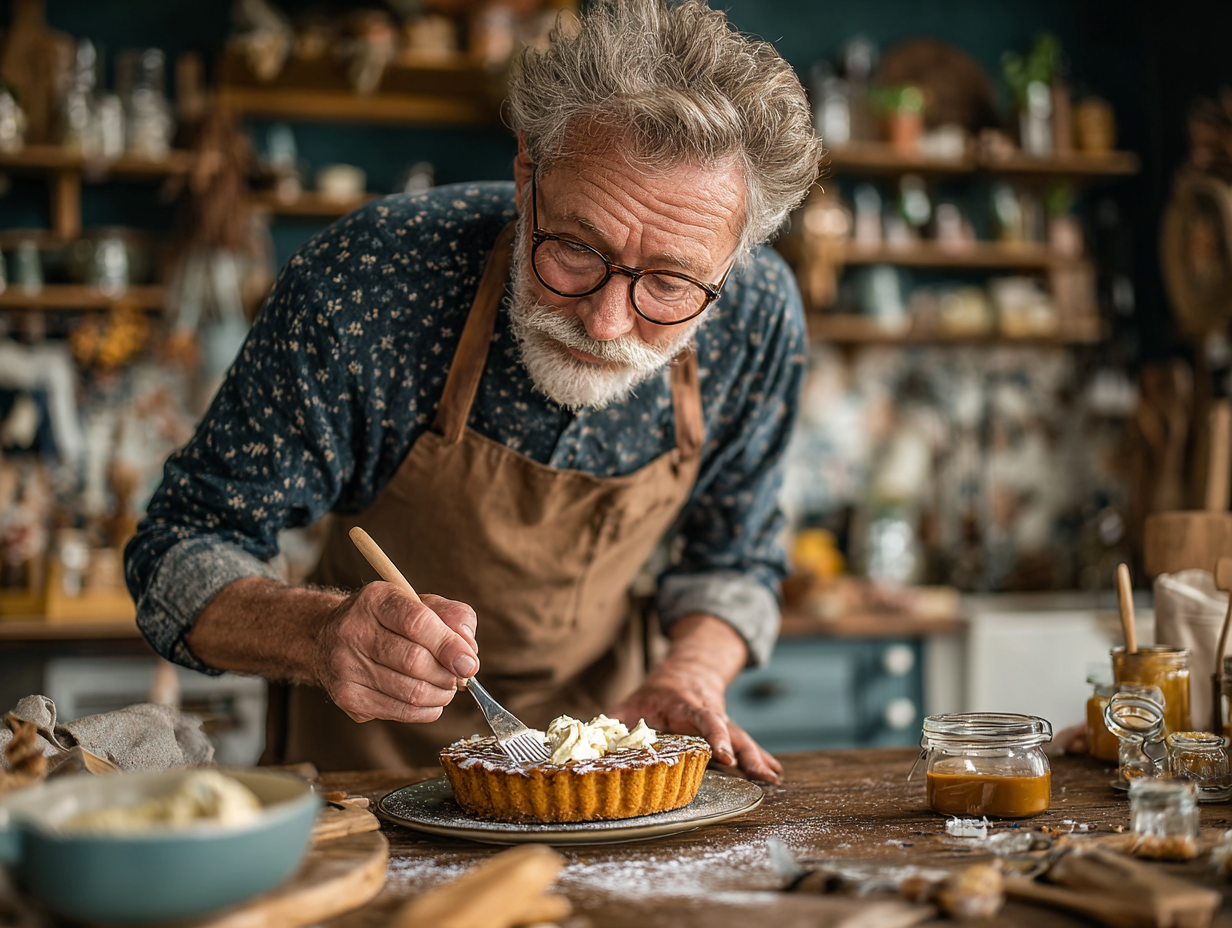 Senior activă în bucătărie pregătind o masă sănătoasă, zâmbind și savurând procesul de gătit cu ingrediente proaspete